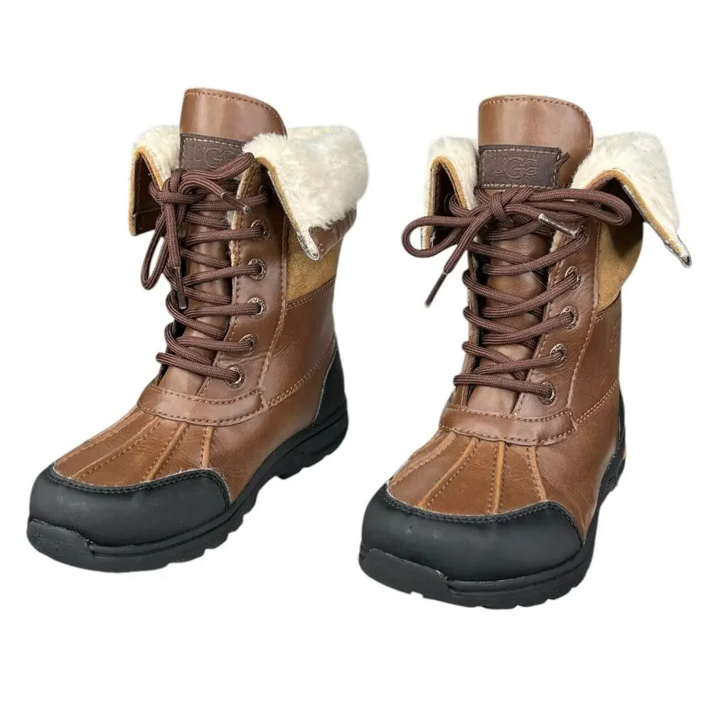 UGG Kids Butte Brown Leather Cuffed Winter Boot Size US 13